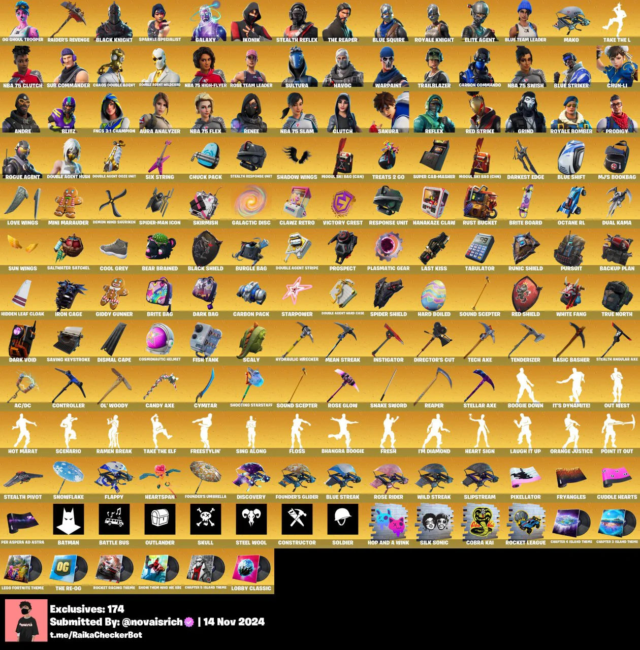 188 Skins + OG Ghoul Trooper + Raiders Revenge + Black Knight + Galaxy + Ikonik + Stealth Reflex + Fresh