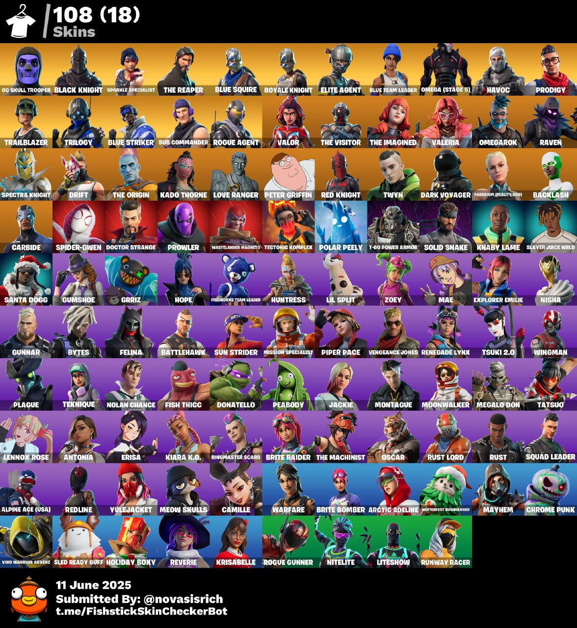 108 Skins OG Skull + Black Knight + OG STW + Mako + Trailblazer + Fresh