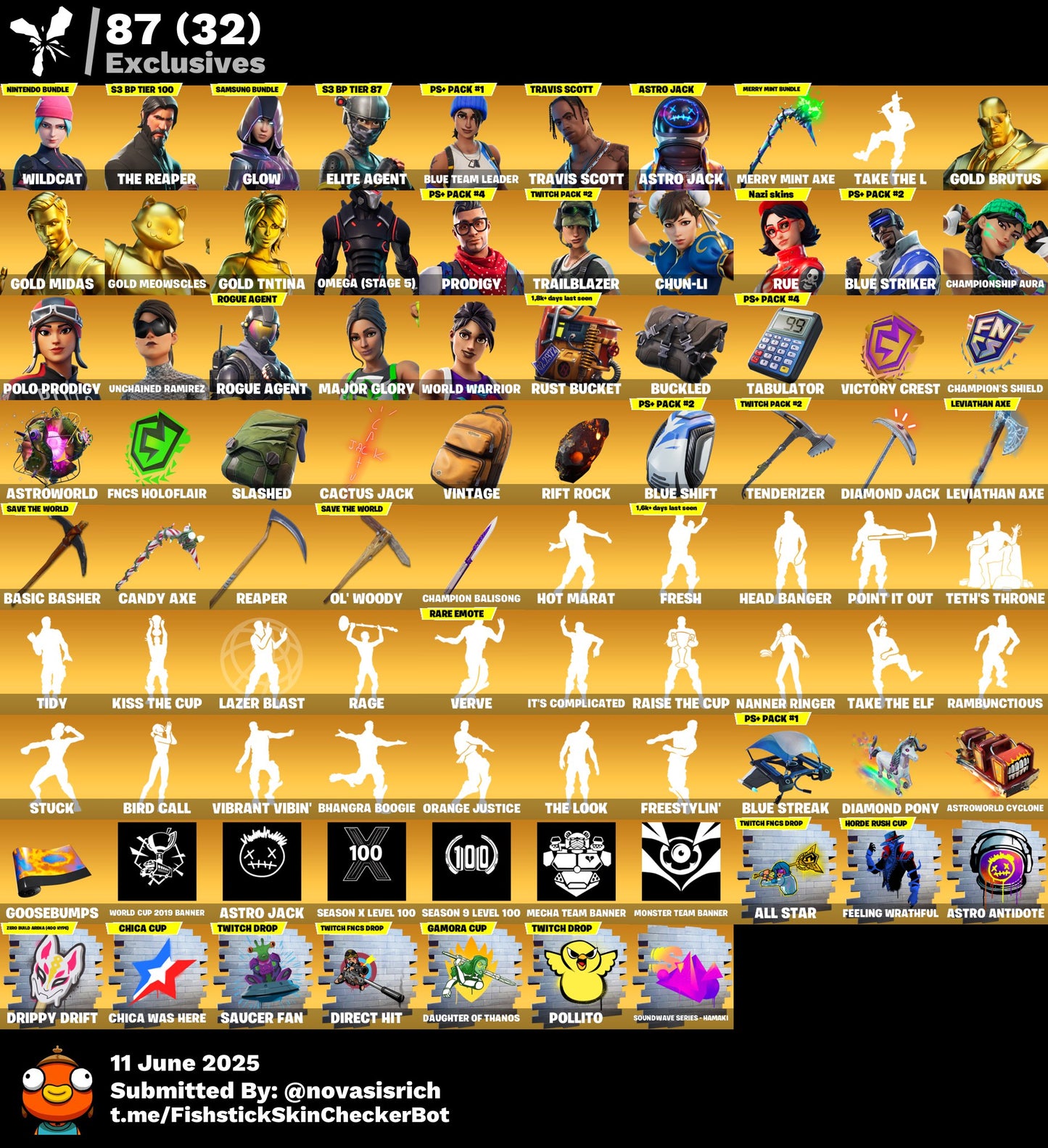 541 Skins + 500 Emotes + Wildcat + Travis Scott + Astro Jack + Rue + Glow + The Reaper + Minty Axe + Omega Max + Chun-Li + World Warrior + Fresh + Leviathan Axe + Trailblazer + So many more