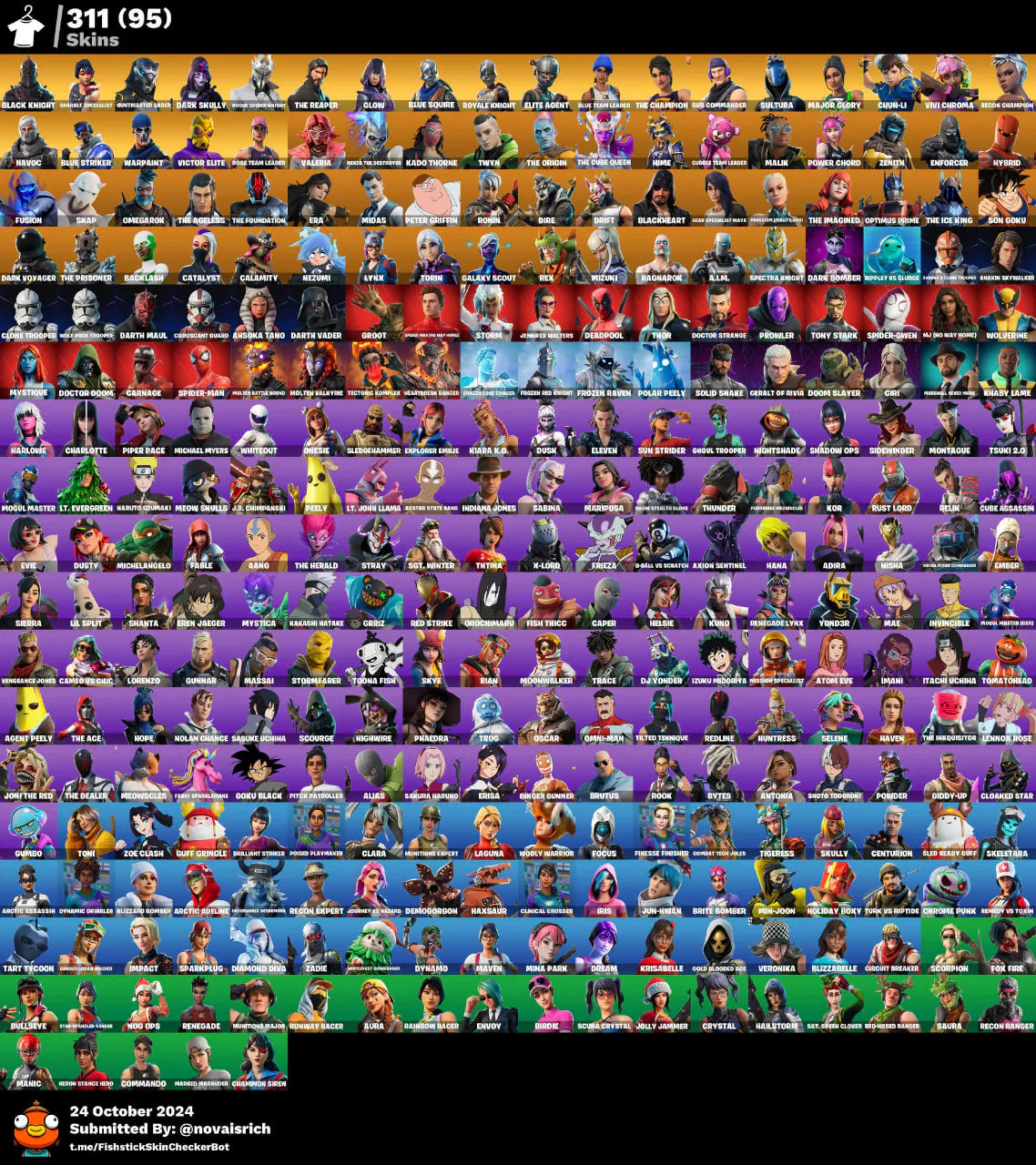 331 Skins + Black Knight + Dark Skully + Glow + Minty + Chun-Li + Huntmaster + Rogue Spider Knight + OG STW + Fresh + TTv Packs + Victor Elite + The Champion