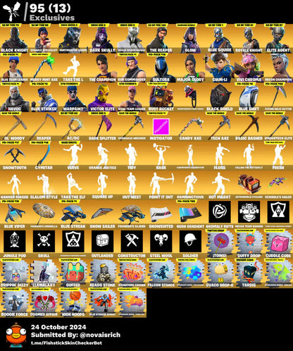 331 Skins + Black Knight + Dark Skully + Glow + Minty + Chun-Li + Huntmaster + Rogue Spider Knight + OG STW + Fresh + TTv Packs + Victor Elite + The Champion