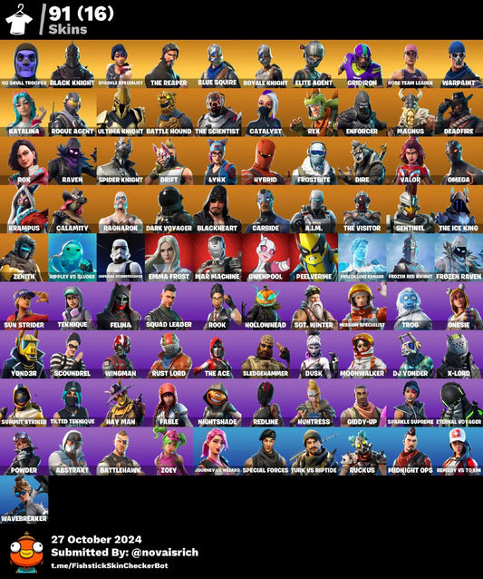 91 Skins + OG Skull Trooper + Black Knight + OG STW + Fresh + Rare Banners