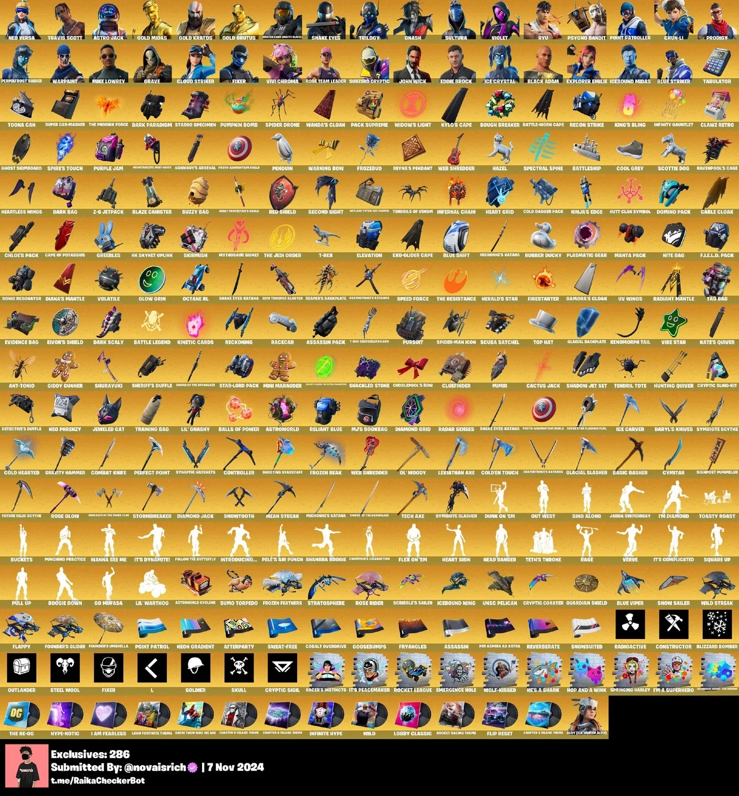 Psycho Bandit + Neo + Kratos + Master chief + Gold Midas + Leviathan Axe + OG STW + Chun-Li + Many more