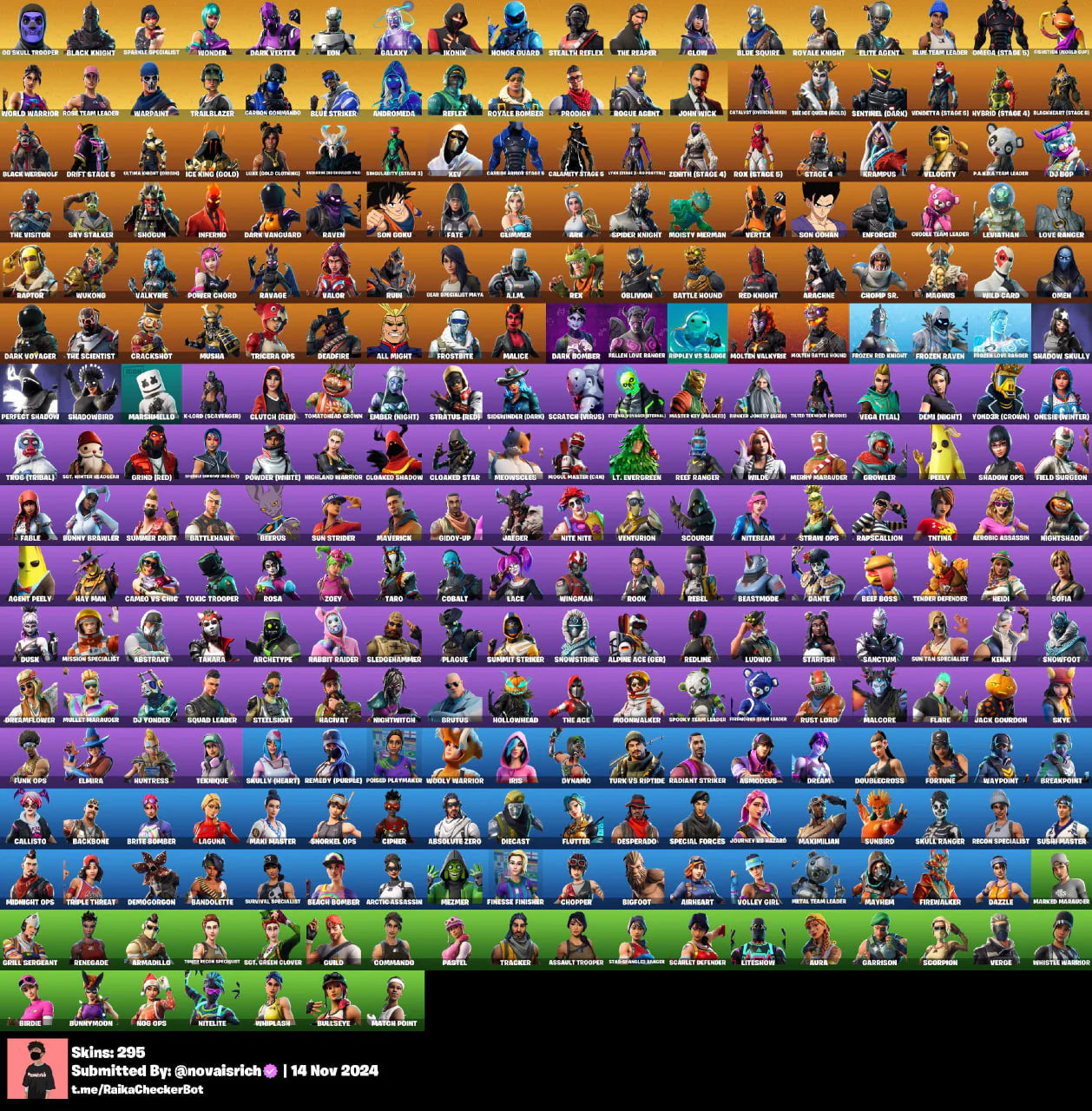 295 Skins + OG Skull Trooper + Black Knight + Wonder + Ikonik + Galaxy + Dark Vertex bundle + Eon bundle + Honor Guard + Stealth Reflex + Reflex + Glow + WC Skin + Minty Axe + Trailblazer + Fresh + OG STW + Widows Bite + Royale Bomber