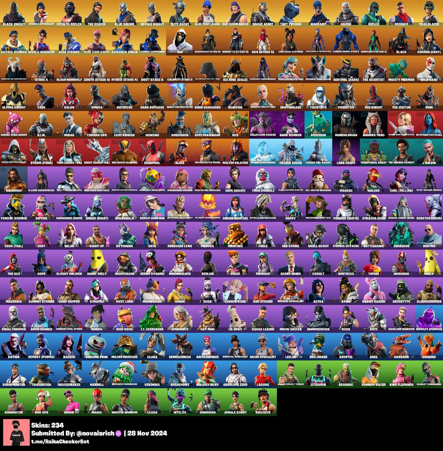 234 Skins + Black Knight + Stealth Reflex + Mako + Royale Bomber + 2019 WC Skin + OG STW + Trailblazer + Many more