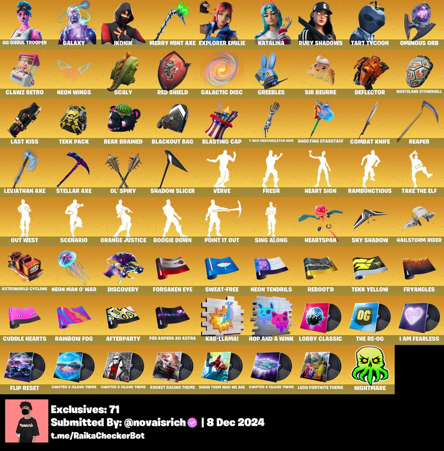 116 Skins + OG Ghoul + Galaxy + Ikonik + Minty Axe + Leviathan Axe + Fresh + Scenario