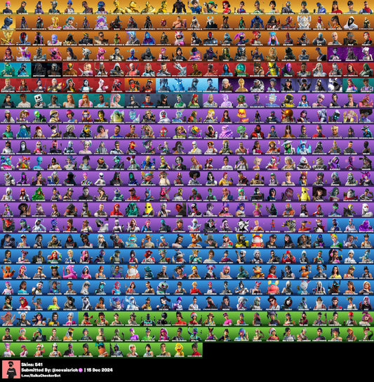 541 Skins + 500 Emotes + Wildcat + Travis Scott + Astro Jack + Rue + Glow + The Reaper + Minty Axe + Omega Max + Chun-Li + World Warrior + Fresh + Leviathan Axe + Trailblazer + So many more