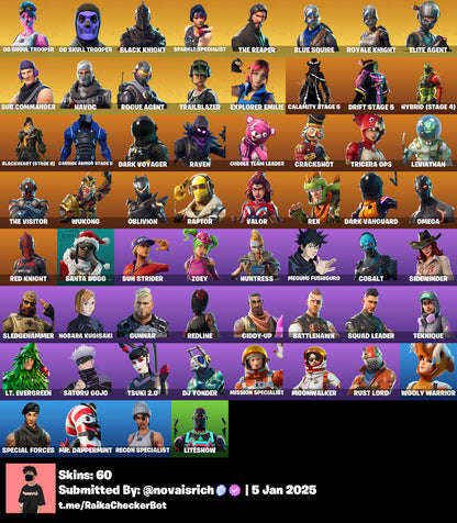 60 Skins + OG Ghoul Trooper + OG Skull Trooper + Black Knight + Mako + Fresh + Trailblazer + Candy Axe&nbsp;