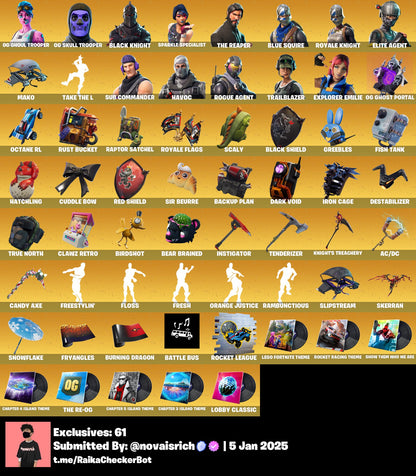 60 Skins + OG Ghoul Trooper + OG Skull Trooper + Black Knight + Mako + Fresh + Trailblazer + Candy Axe&nbsp;