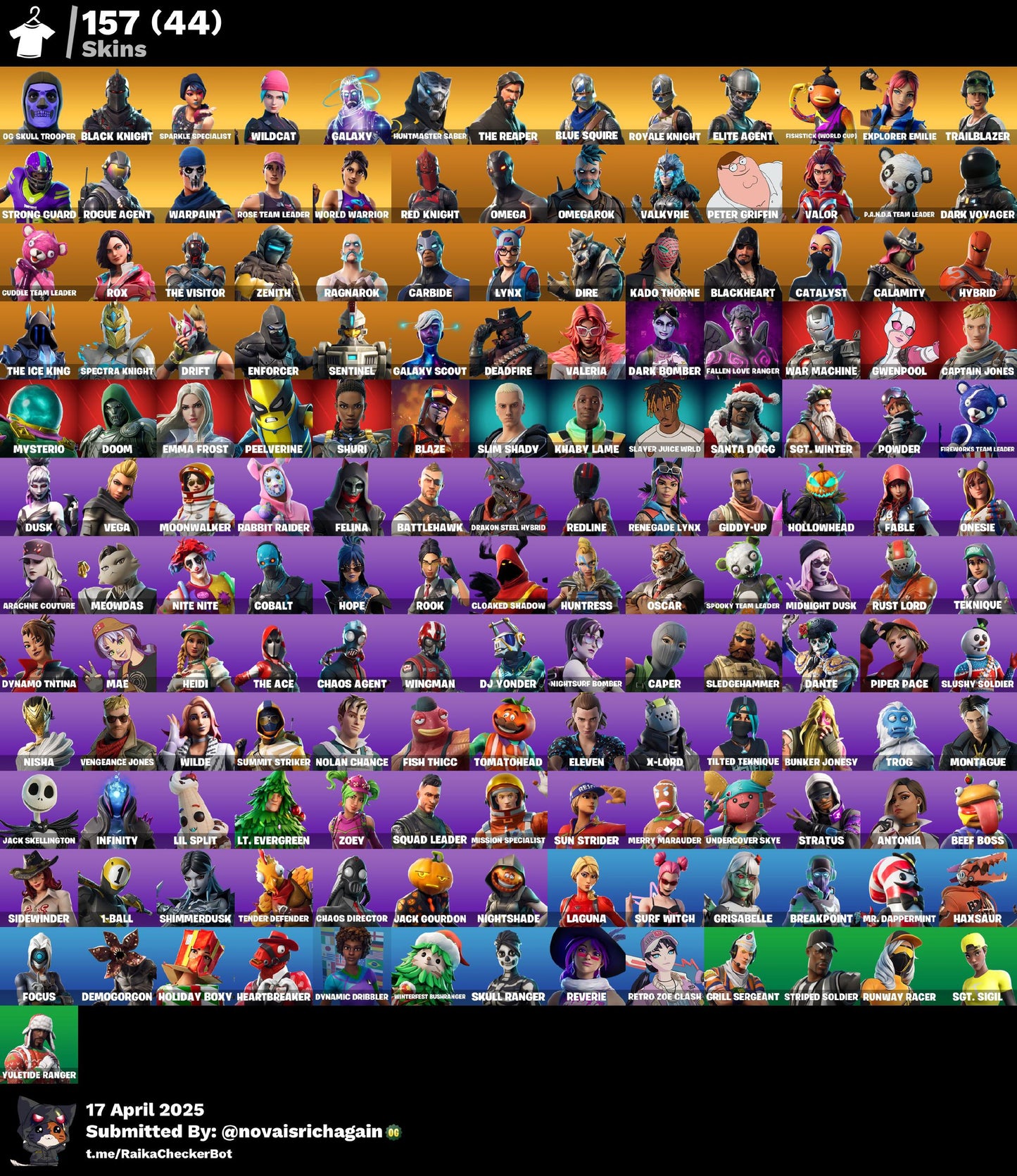 153 Skins + OG Skull + Raiders Revenge + Wildcat + Galaxy + Black Knight + OG STW + Mako + Trailblazer + World Warrior + Huntmaster + Tidy + Point it Out