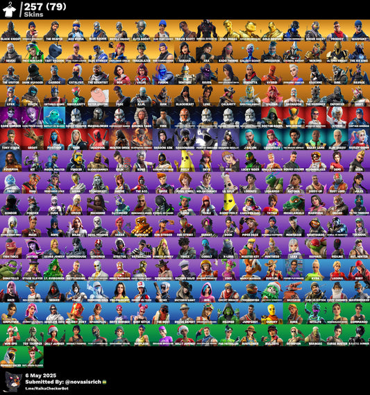 257 Skins + Black Knight + Travis Scott + Mako + Take the : + Omega max + All TTV Packs + OG STW + Many More