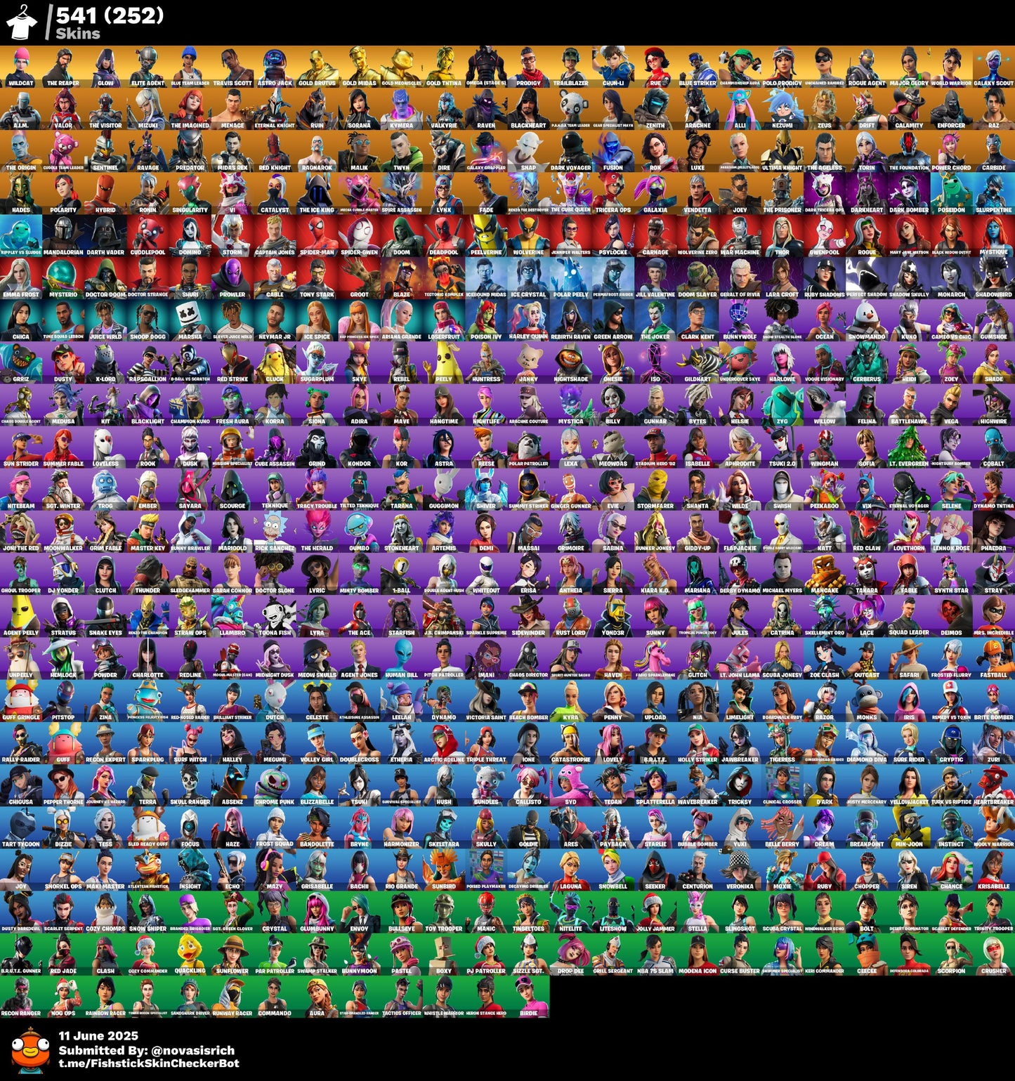 541 Skins + 500 Emotes + Wildcat + Travis Scott + Astro Jack + Rue + Glow + The Reaper + Minty Axe + Omega Max + Chun-Li + World Warrior + Fresh + Leviathan Axe + Trailblazer + So many more