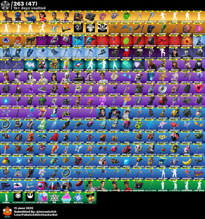 541 Skins + 500 Emotes + Wildcat + Travis Scott + Astro Jack + Rue + Glow + The Reaper + Minty Axe + Omega Max + Chun-Li + World Warrior + Fresh + Leviathan Axe + Trailblazer + So many more