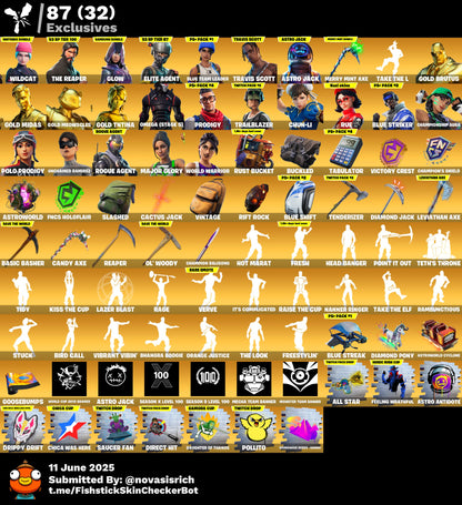 541 Skins + 500 Emotes + Wildcat + Travis Scott + Astro Jack + Rue + Glow + The Reaper + Minty Axe + Omega Max + Chun-Li + World Warrior + Fresh + Leviathan Axe + Trailblazer + So many more